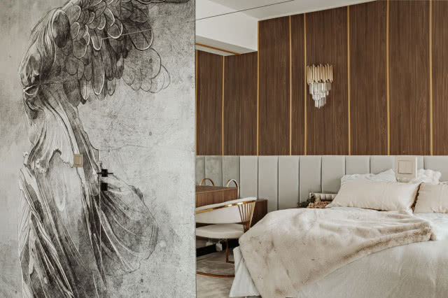 sypialnia, toaletka, grafika na ścianie