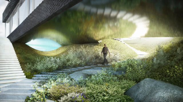 Przejście pod podwieszoną konstrukcją