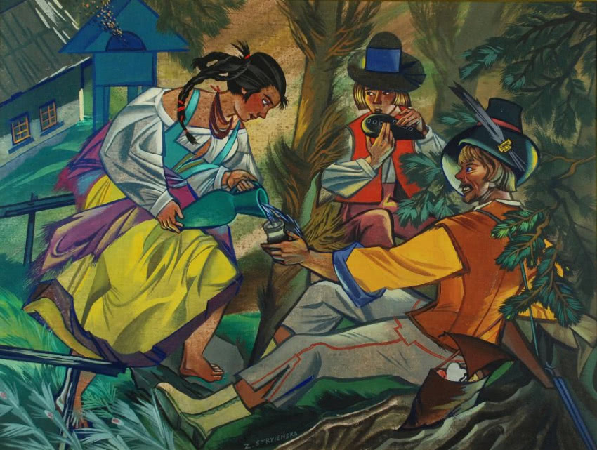 "Dziewczyna pojąca myśliwego", tempera, płótno,...