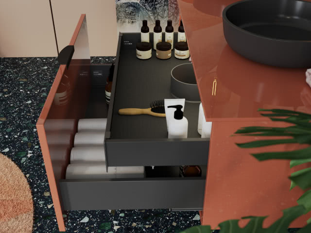 szuflady z brązowymi frontami, kosmetyku, czarna umywalka nablatowa, ręczniki, szczotka do włosów, dywanik