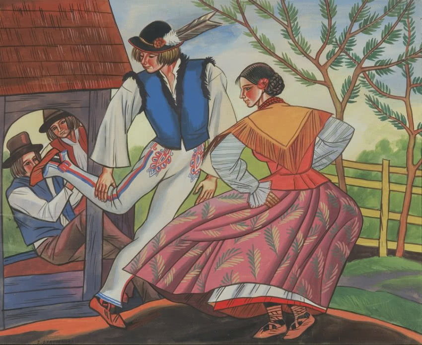 "Taniec góralski", gwasz, ołówek, papier, 34 x...