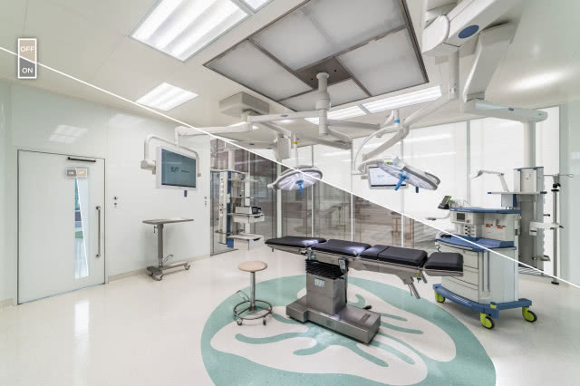 gabinet, rentgen, łóżko specjalistyczne, światła, monitor, stoliki