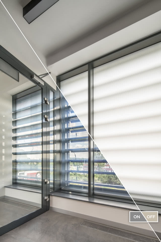 szkło o zmiennej przezierności, wentylacja, żaluzje, siłowniki