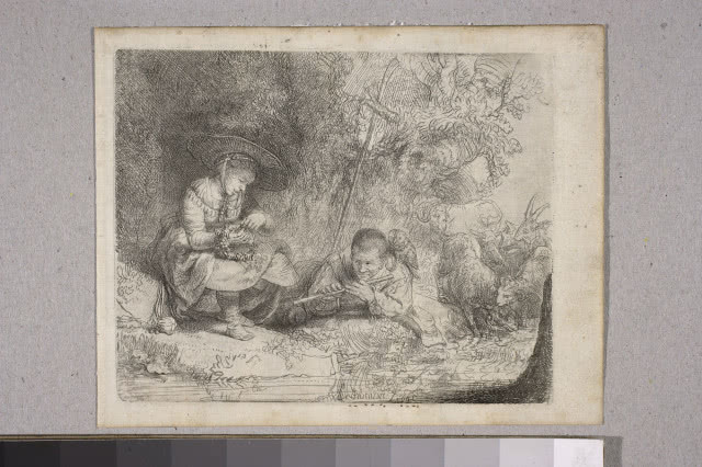 Rembrandt van Rijn (1606–1669),
Pasterka wijąca wianek i pasterz grający na flecie,
akwaforta, sucha igła, papier
Muzeum Narodowe w Warszawie
