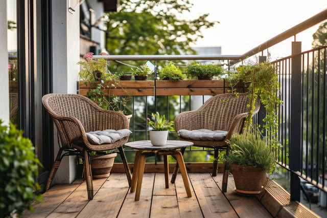 mały balkon miejski pełny zieleni