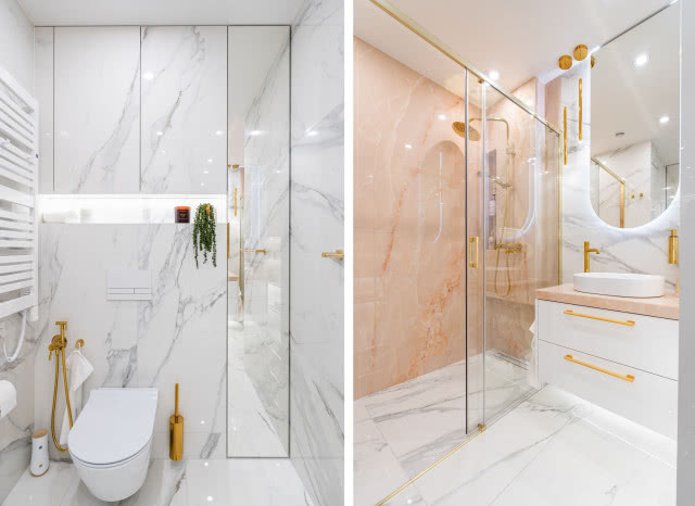 Biało-różowa łazienka z marmurem