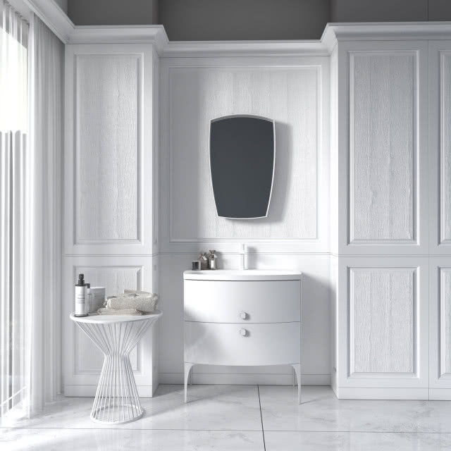 białe ozdobne drewniane ściany, biała szafka pod umywalkę, biały stolik lustro, biała bateria umywalkowa, biała umywalka