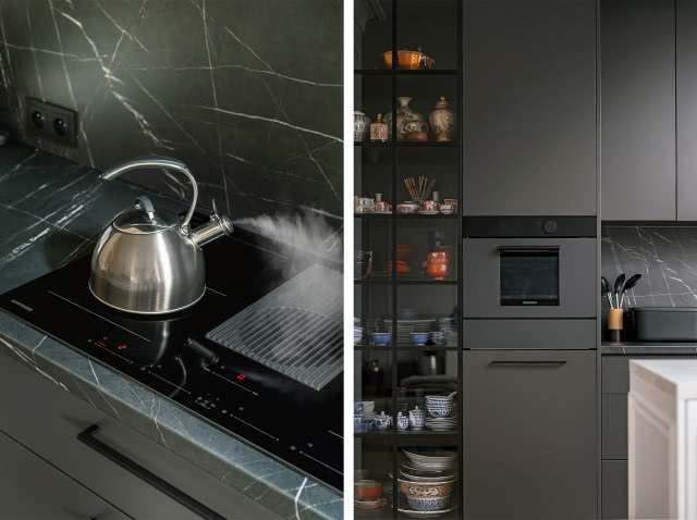 Z lewej strony na zdjęciu: Płyta indukcyjna zintegrowana z wyciągiem daje możliwość tradycyjnej zabudowy lub na wyspie. Posiada też dwie strefy łączone Flex Zone oraz programy automatyczne: duszenie, podgrzewanie, podtrzymywanie ciepła. Z prawej strony na zdjęciu: Piekarniki kompaktowe Samsung stworzono dla osób, które oczekują zarówno wygody, jak i mistrzowskich rezultatów. Są mniejsze od tradycyjnych i z łatwością dopasują się do każdego wnętrza. Posiadają funkcję mikrofali.