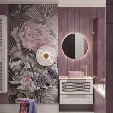 tapeta z motywem kwiatów w kolorze różowym - łazienka