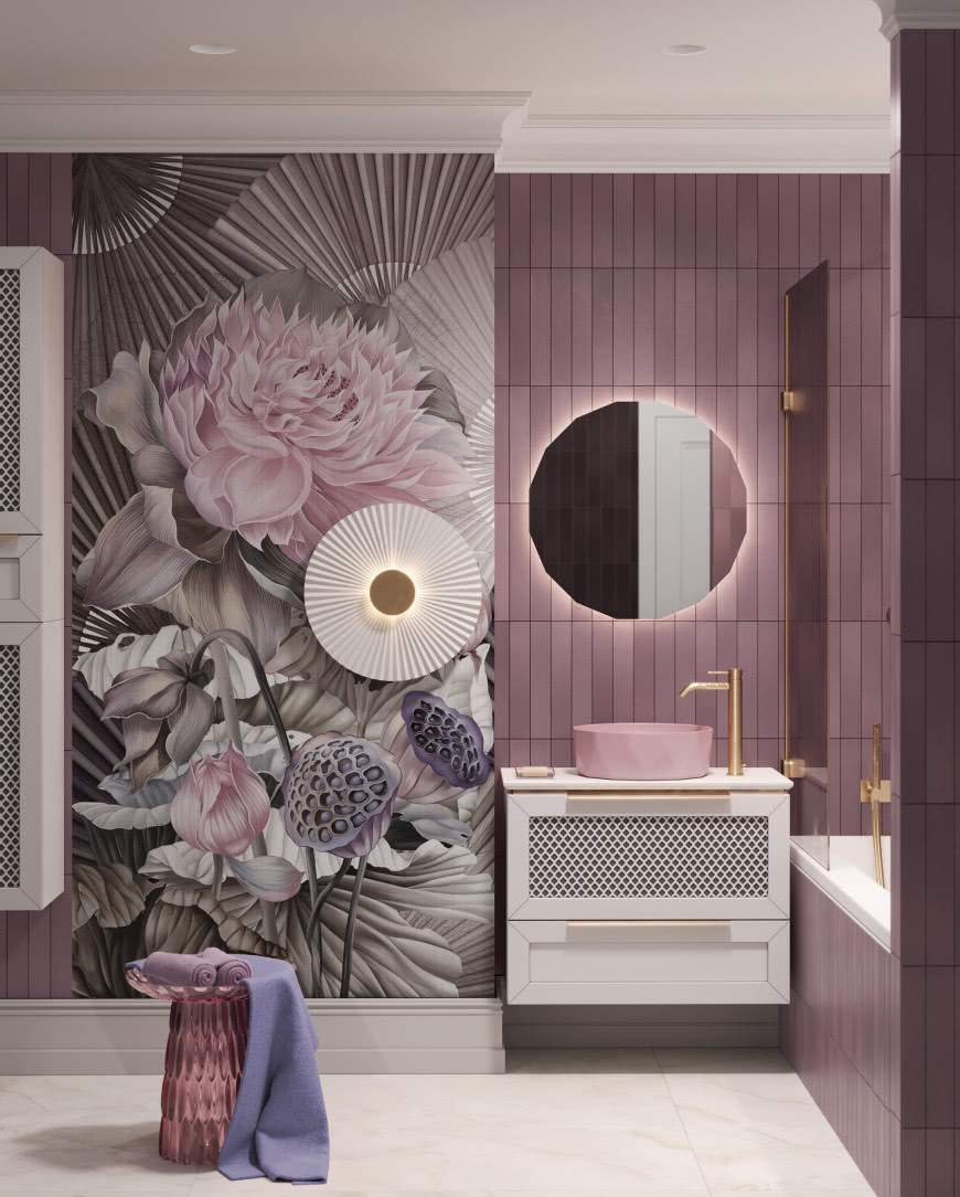 tapeta z motywem kwiatów w kolorze różowym - łazienka