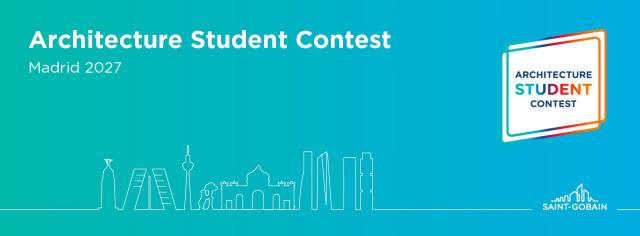Grafika Architecture Student Contest Madrid 2027 z konturem charakterystycznych budynków Madrytu i logo Saint-Gobain.