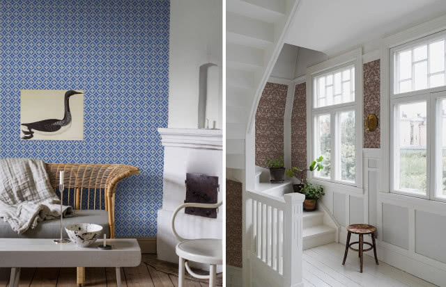 wzorzysta tapeta w białym wnętrzu