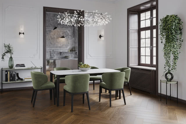 jodełka na podłodze, stół z krzesłami, komoda, oświetlenie sufitowe, kwiat w doniczce, kinkiety