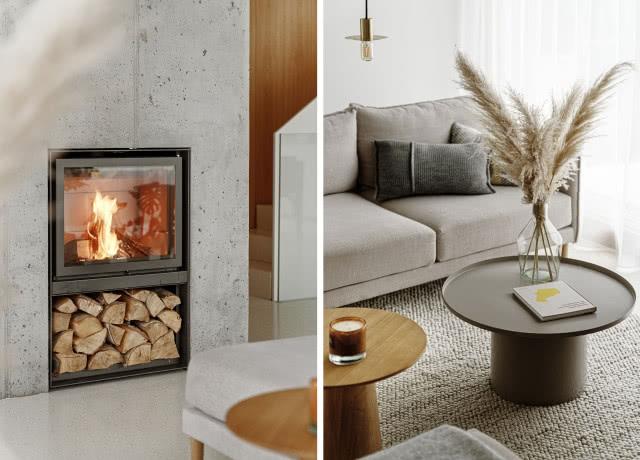 Szaro-beżowy salon z betonem i drewnem