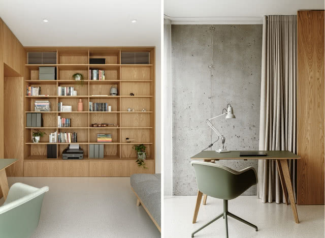 Gabinet z fornirem i betonem na ścianach