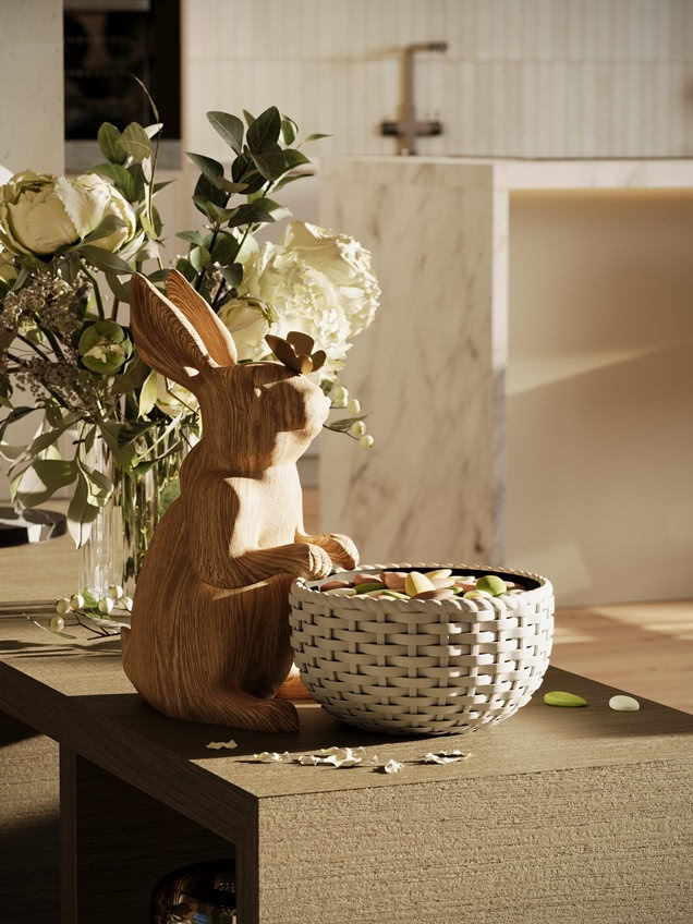 drewniany duży zając z koszykiem