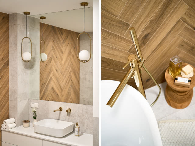 Biała łazienka z drewnem