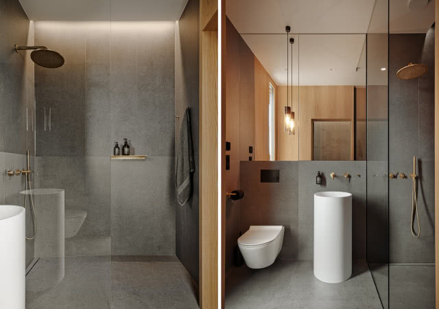 Szara łazienka z drewnem