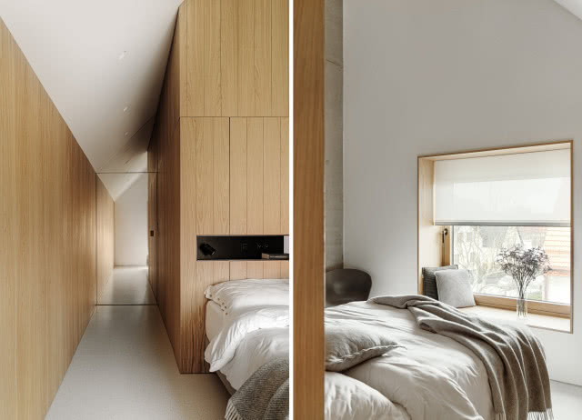 Beżowa sypialnia z fornirem