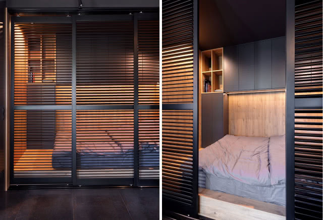Łóżko na podeście osłonięte shuttersami
