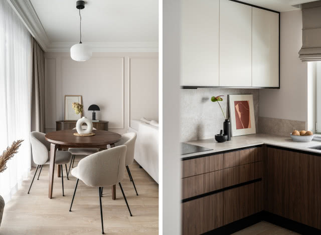 stonowane mieszkanie w beżu, brązie i ze sztukaterią