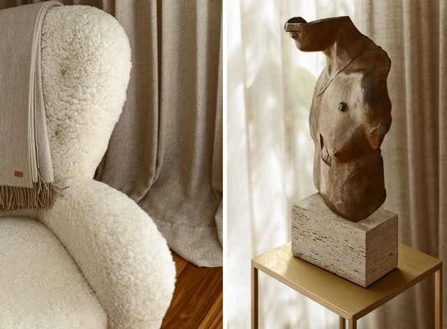 tkanina teddy i rzeźba w salonie