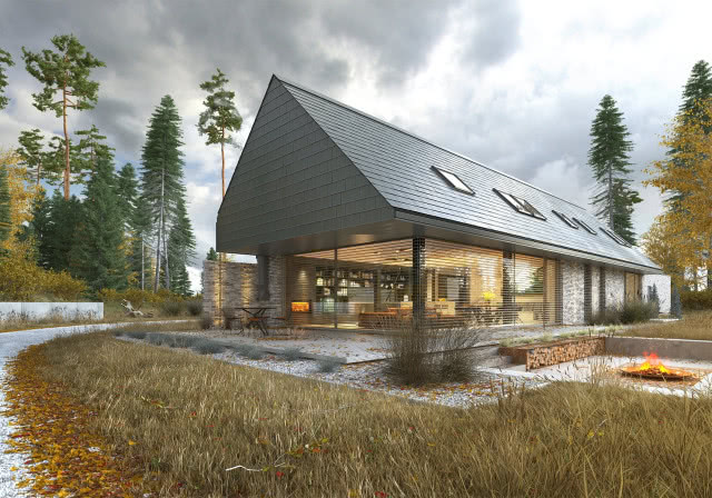 Czarny dom nowoczesny z dachem dwuspadowym