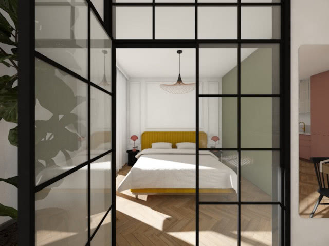 Sypialnia oddzielona szklaną ścianką