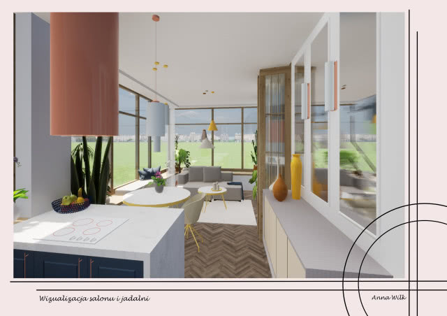 Salon z kuchnią z wykorzystaniem kolorów