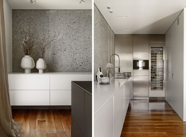 biała kuchnia z szarym i czarnym