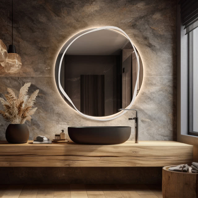 Lustro BANDA LED w białej ramie / GieraDesign, czarna umywalka nablatowa, drewniany blat