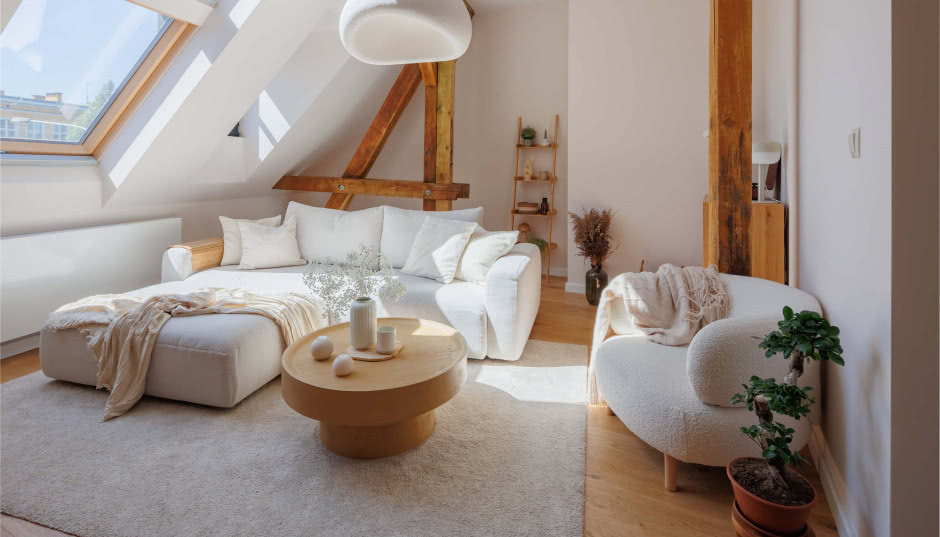 Klimatyczne mieszkanie pod skosami w stylu japandi