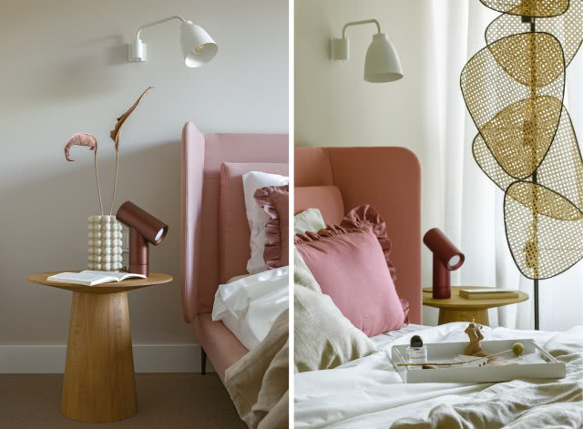 Różowe, welurowe łóżko z zagłówkiem