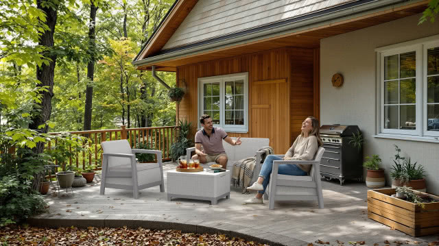 SCANDI LINEA popielaty i burzowy szary na polskim zalesionym ganku 