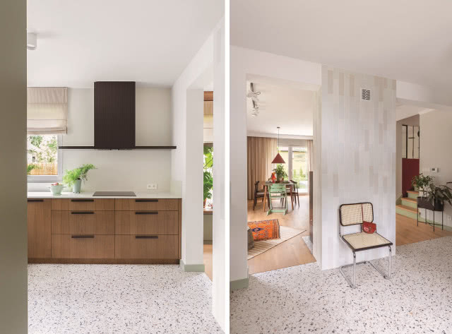 Drewniana kuchnia z podłogą lastryko