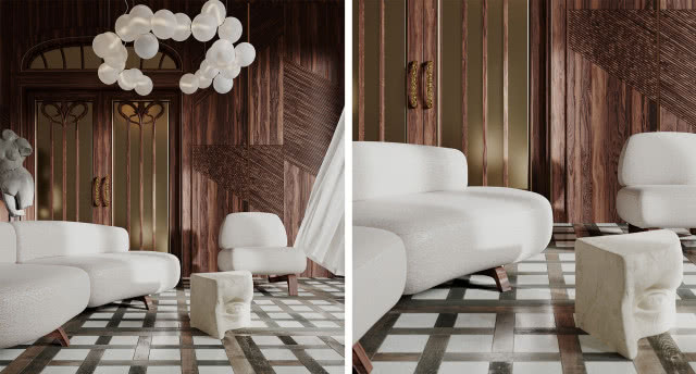 uchwyty mosiężne, drewniana komoda, kwiaty, wazony, obrazy, białe szklane drzwi, sztukateria na ścianie, kanapa
