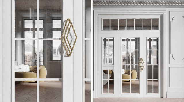 białe szklane drzwi, sztukateria na ścianie, kanapa Mosiężny uchwyt ViArte (345x155x25 mm) - od 540 zł. 