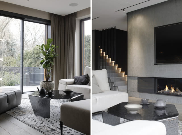 szary salon z kominkiem