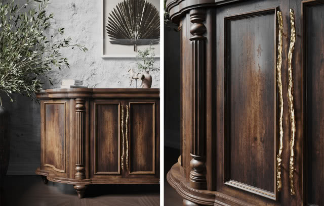 biała kanapa, biały fotel, kratka na podłodze, drewniane ściany, stolik kawowy, rzeźba, fotel, uchwyty mosiężne, komoda