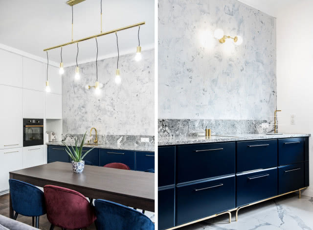 granatowa kuchnia bez szafek górnych