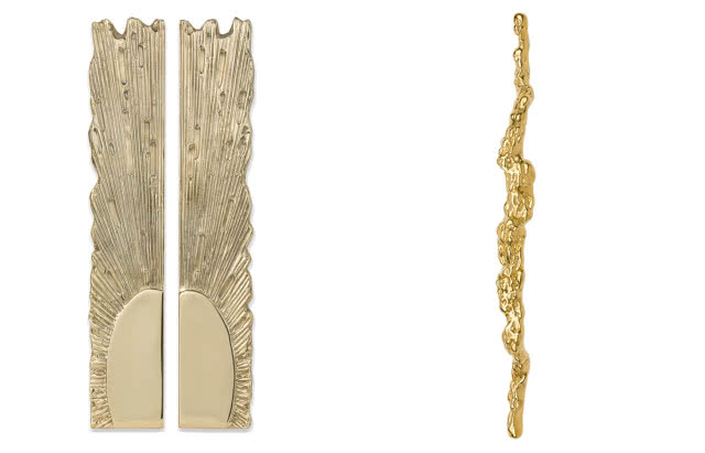 Na lewym zdjęciu Mosiężne uchwyty Sun XXL Left/Right (305x80x40 mm) - od 600 zł, na prawym zdjęciu Mosiężny uchwyt Oget XXL (900x35x50 mm) - od 2500 zł. 