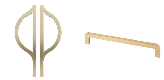 Na lewym zdjęciu Mosiężne uchwyty Pop XXL (450x135x40 mm) - od 1100 zł., na prawym zdjęciu Mosiężny uchwyt Robi XXL (400x35x8 mm) - od 290 zł. 