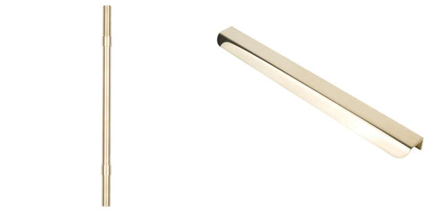 Na lewym zdjęciu Mosiężny uchwyt Tube XXL (60 x∅ 15x35 mm) - od 390 zł, na prawym zdjęciu Mosiężny uchwyt Blink XXL (600x35x20 mm) - od 390 zł. 