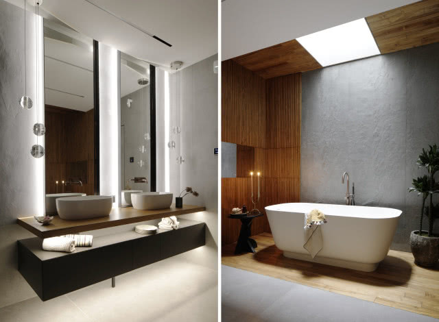 Nowoczesna łazienka z drewnem na ścianie