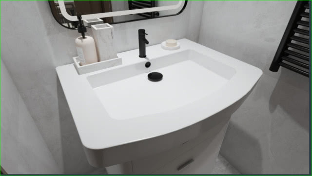 biała umywalka, czarna bateria łazienkowa z syfonem, czarny grzejnik, mydło, lustro