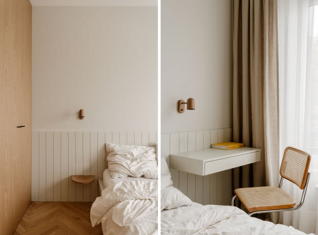 Biała sypialnia z drewnem