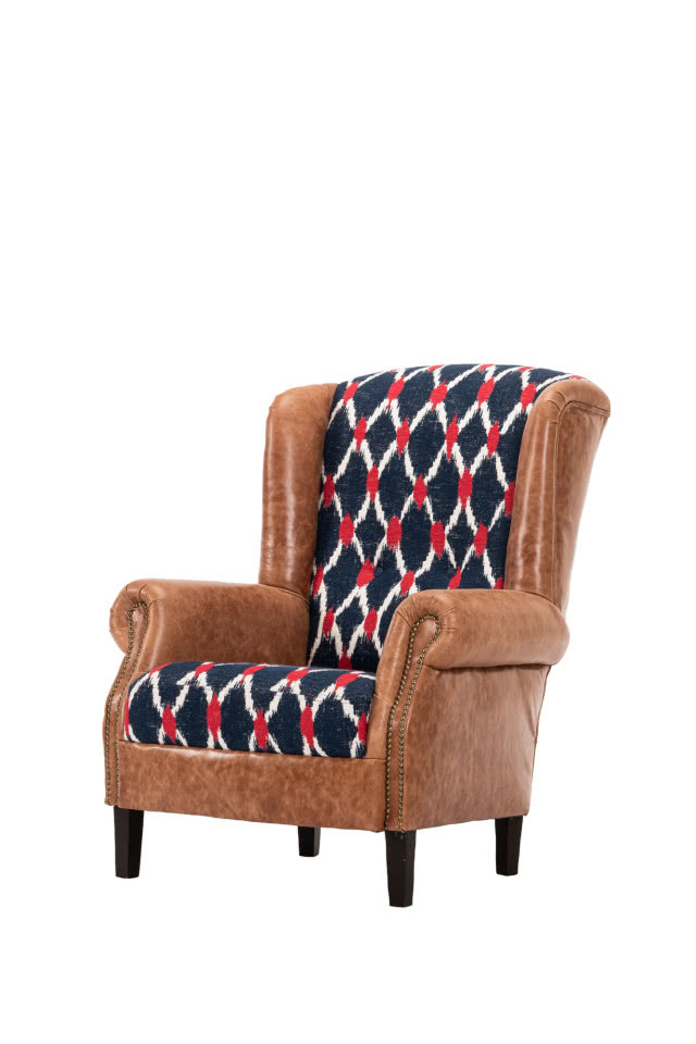 fotel uszak w skórze, siedzisko obite tkaniną