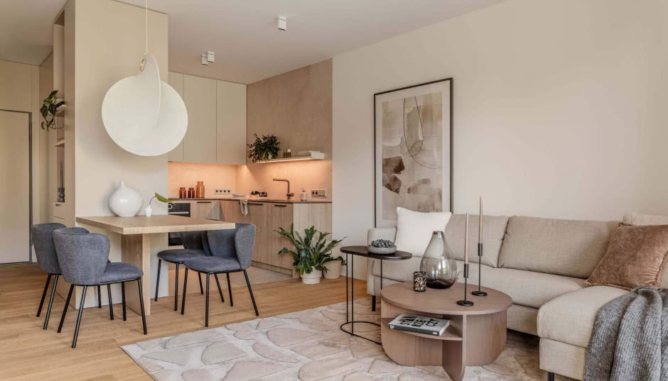 54 m2 przytulnej przestrzeni w kolorze beżowym. Mieszkanie na Mokotowie