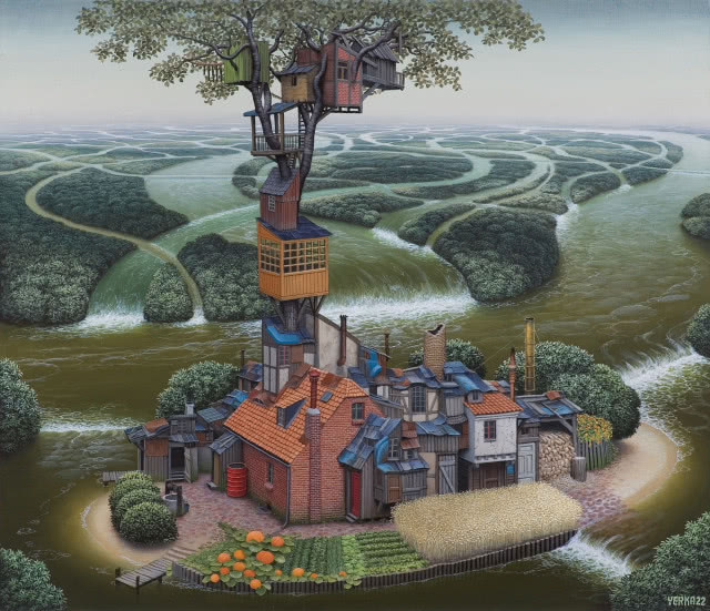 Jacek Yerka, „Wodny świat”, 2022, akryl, płótno, 81 x 94 cm, Agra-Art, aukcja 20 marca 2022, sprzedane za 456 000 zł