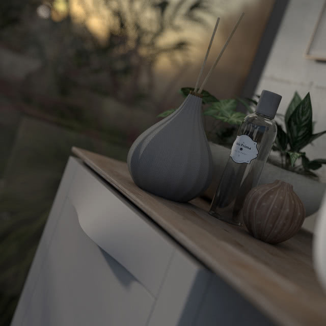 białe meble łazienkowe, drewniany blat, pałeczki zapachowe, kwiaty